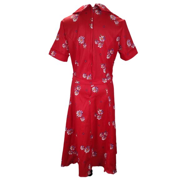Vintage 70s Casual Midi Dress Size L Red Floral Print Dagger Collar Poly Knit - Picture 5 of 11